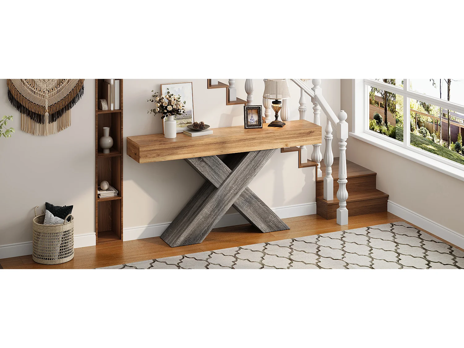 Schmaler Konsolentisch mit X-förmigen Beinen – 140 x 30 x 80 cm – Holzoptik – für Eingangsbereich/Wohnzimmer – Spanplatte – natur