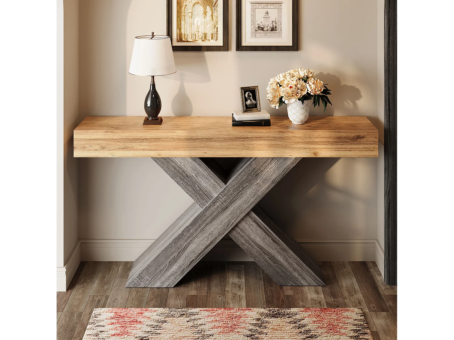 Schmaler Konsolentisch mit X-förmigen Beinen – 140 x 30 x 80 cm – Holzoptik – für Eingangsbereich/Wohnzimmer – Spanplatte – natur