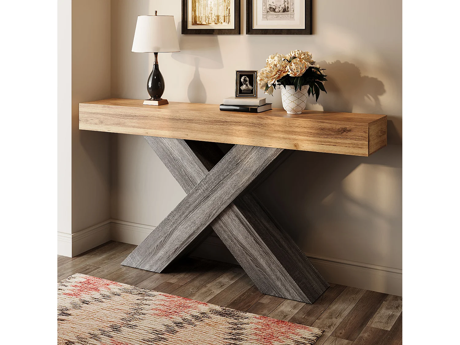 Schmaler Konsolentisch mit X-förmigen Beinen – 140 x 30 x 80 cm – Holzoptik – für Eingangsbereich/Wohnzimmer – Spanplatte – natur