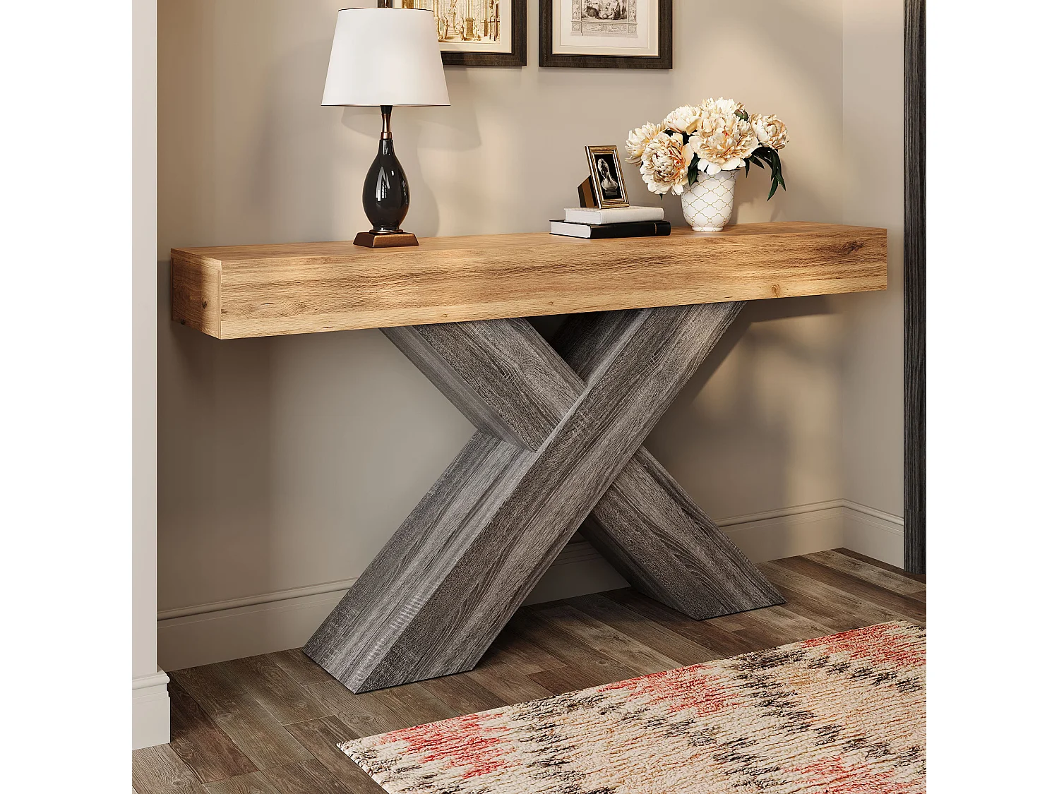 Schmaler Konsolentisch mit X-förmigen Beinen – 140 x 30 x 80 cm – Holzoptik – für Eingangsbereich/Wohnzimmer – Spanplatte – natur