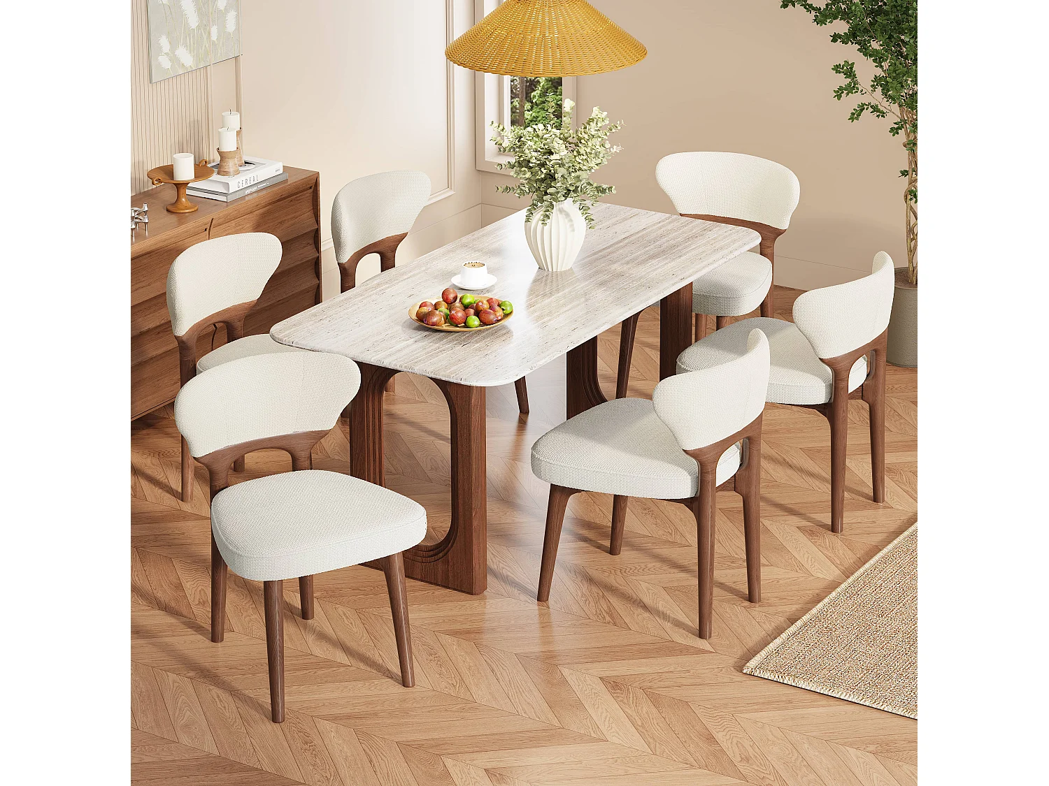 Set van 6 massief houten eetkamerstoelen - 53 x 58,5 x 75 cm - Moderne stijl - fluweel - beige