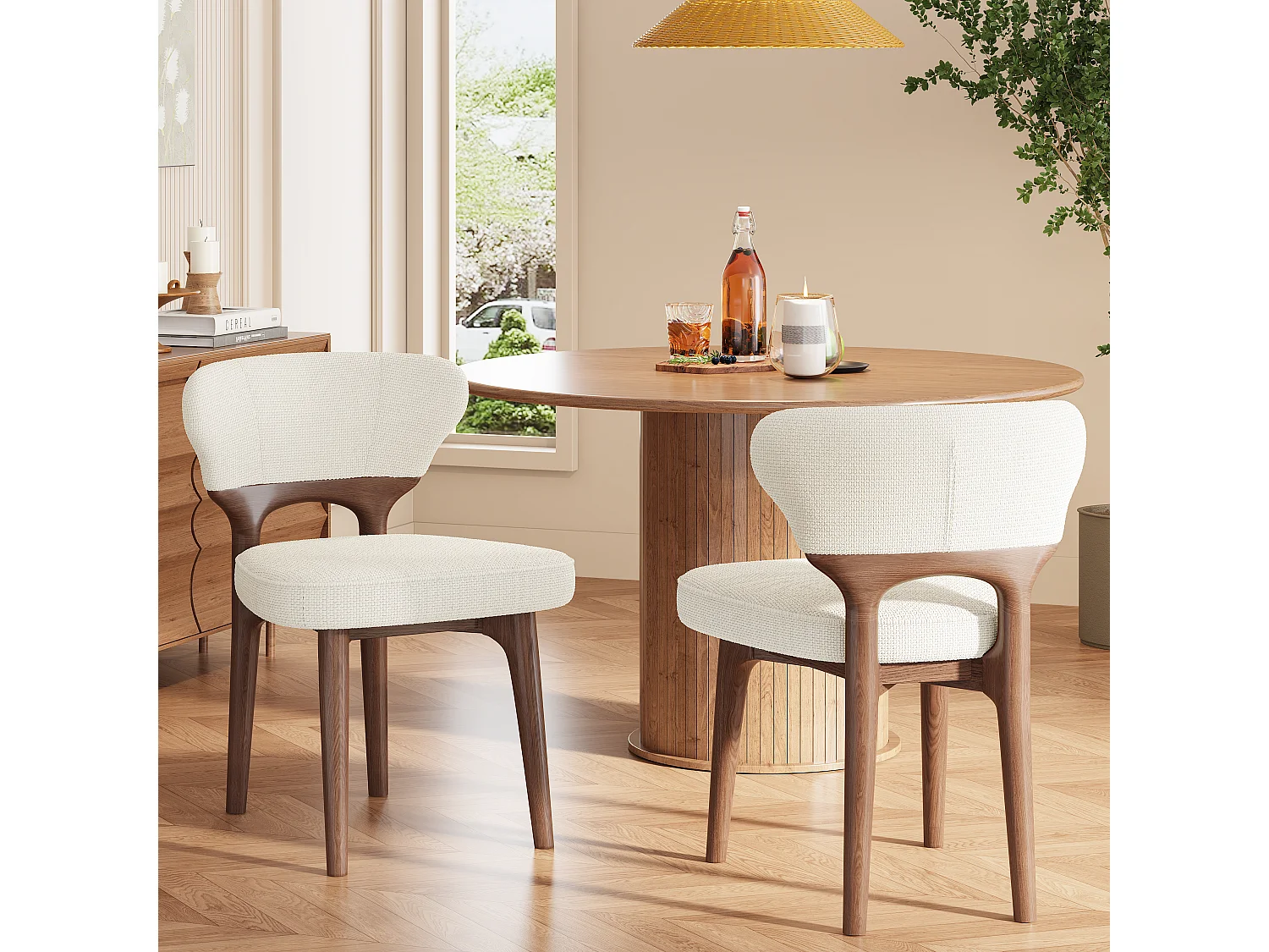 Set van 6 massief houten eetkamerstoelen - 53 x 58,5 x 75 cm - Moderne stijl - fluweel - beige
