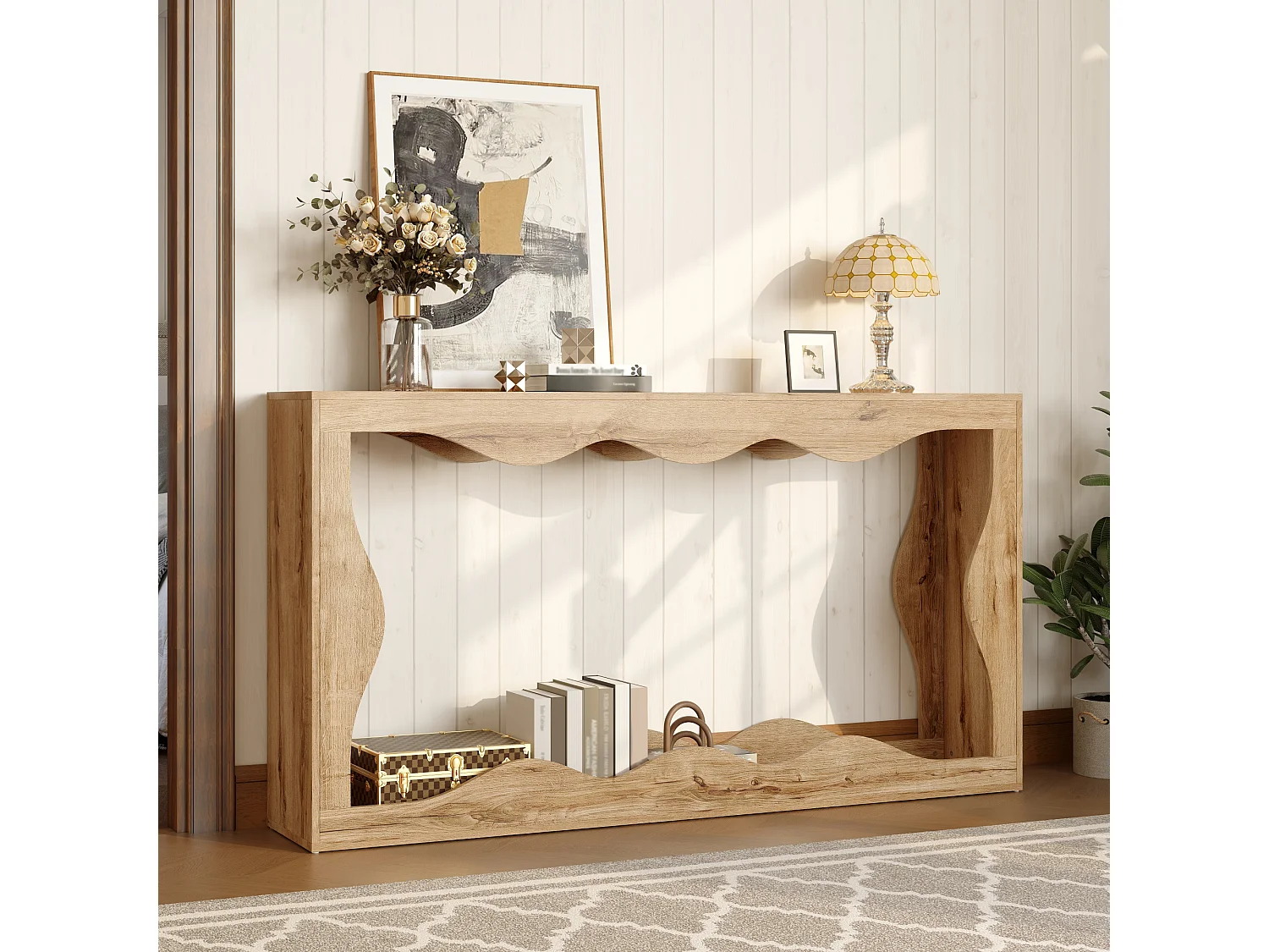 Konsola z falistymi krawędziami i wykończeniem imitującym drewno - 160,5 x 30 x 86,5 cm - z 2-poziomową półką - do salonu - płyta wiórowa - naturalny