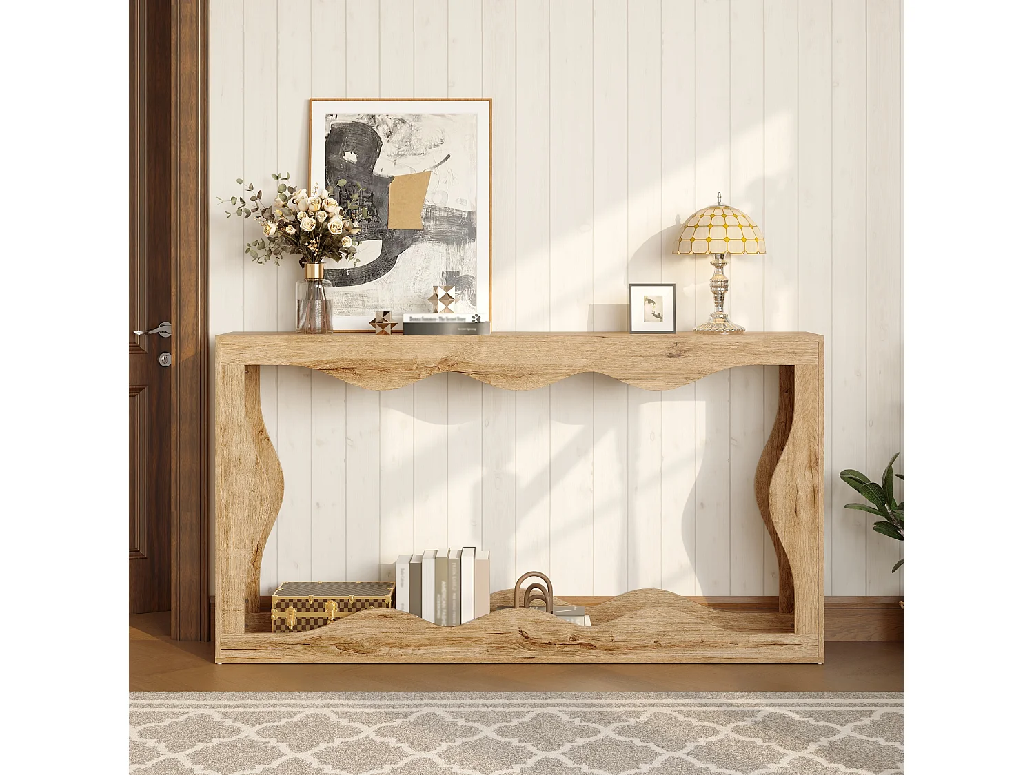 Konsola z falistymi krawędziami i wykończeniem imitującym drewno - 160,5 x 30 x 86,5 cm - z 2-poziomową półką - do salonu - płyta wiórowa - naturalny