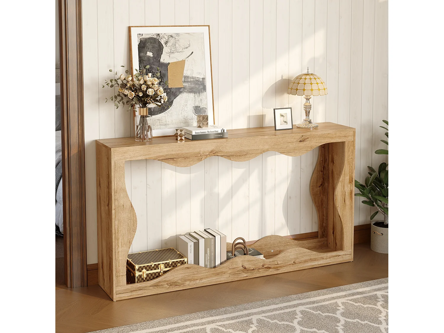Konsola z falistymi krawędziami i wykończeniem imitującym drewno - 160,5 x 30 x 86,5 cm - z 2-poziomową półką - do salonu - płyta wiórowa - naturalny