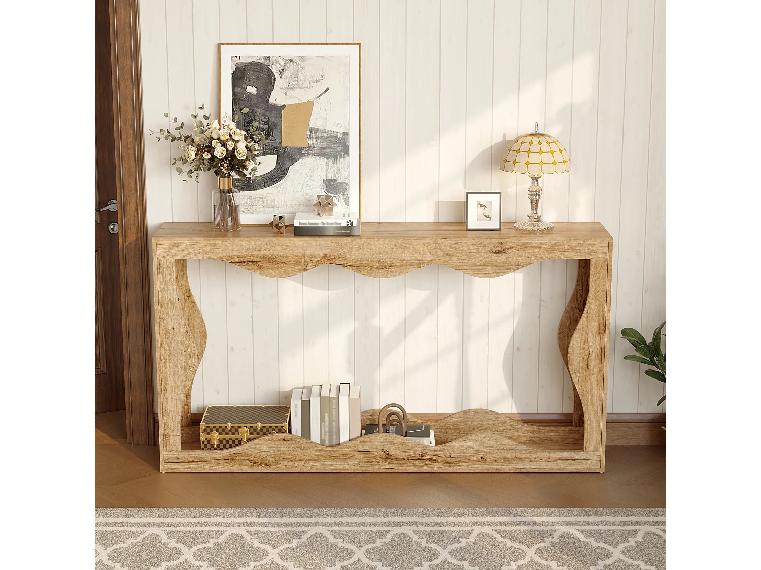 Konsola z falistymi krawędziami i wykończeniem imitującym drewno - 160,5 x 30 x 86,5 cm - z 2-poziomową półką - do salonu - płyta wiórowa - naturalny