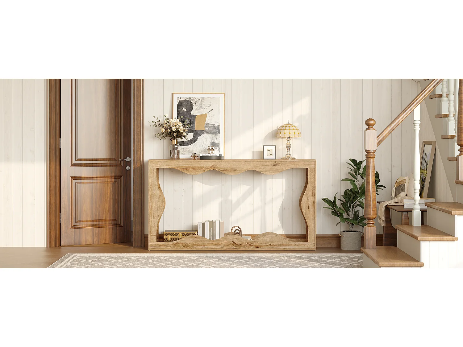 Konsola z falistymi krawędziami i wykończeniem imitującym drewno - 160,5 x 30 x 86,5 cm - z 2-poziomową półką - do salonu - płyta wiórowa - naturalny