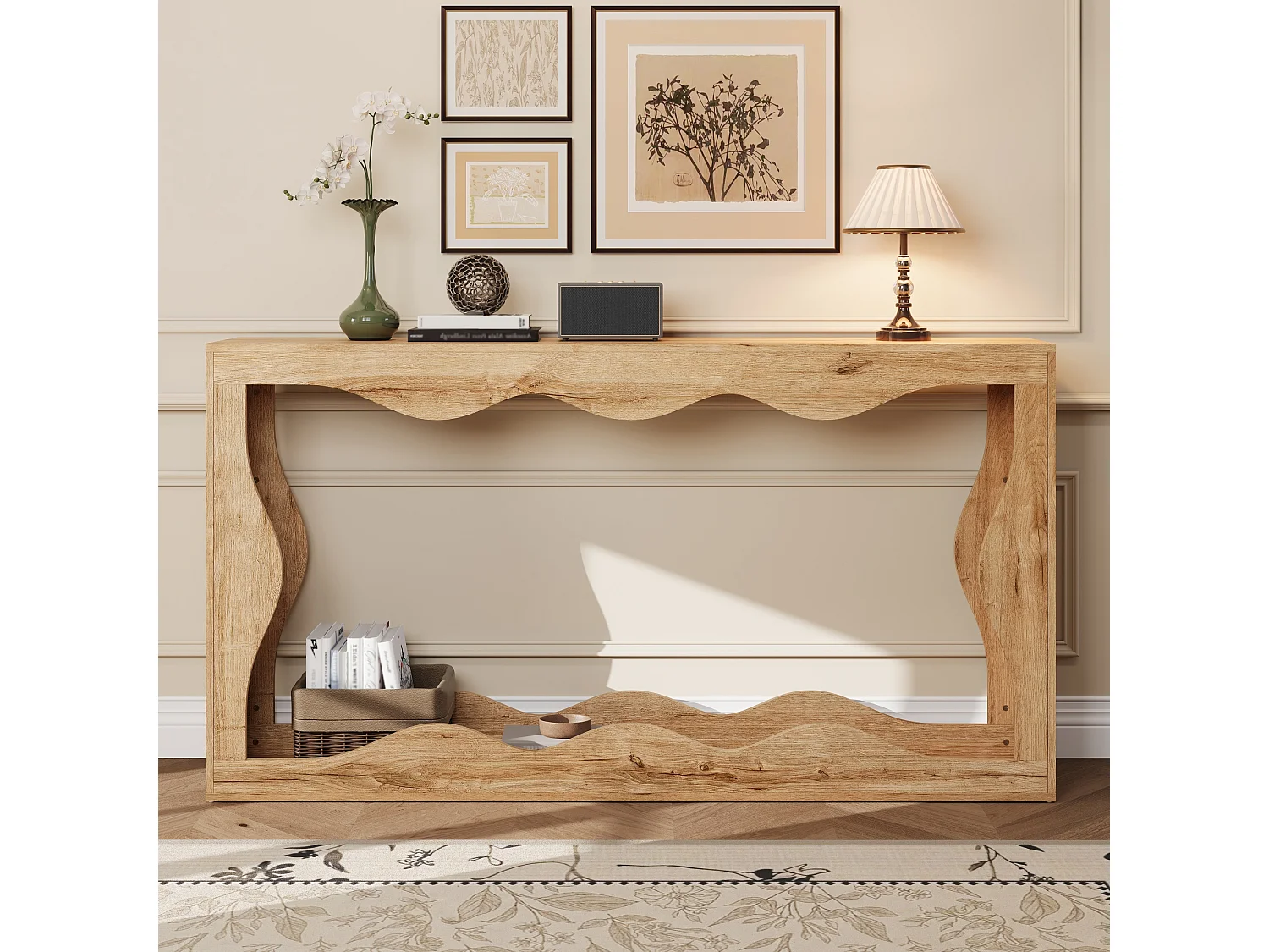Konsola z falistymi krawędziami i wykończeniem imitującym drewno - 160,5 x 30 x 86,5 cm - z 2-poziomową półką - do salonu - płyta wiórowa - naturalny
