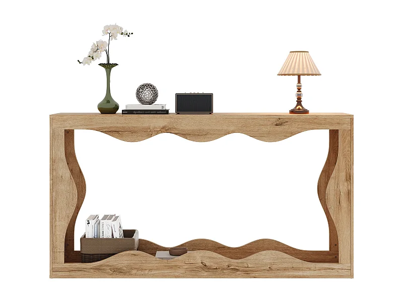 Consola con bordes ondulados y acabado efecto madera - 160,5 x 30 x 86,5 cm - con estante de 2 niveles - para salón - aglomerado - natural