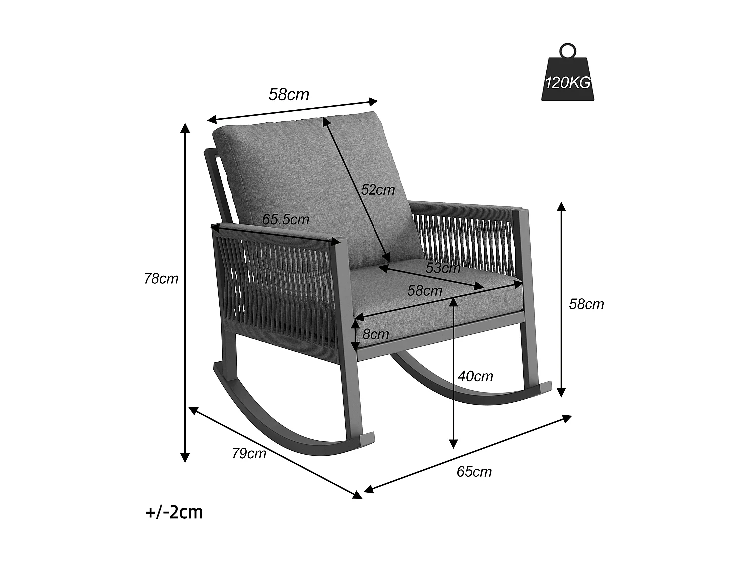 Conjunto modular de móveis de jardim para 5 pessoas - com 1 cadeira de balanço + sofá + mesa + almofadas - metal - cinza