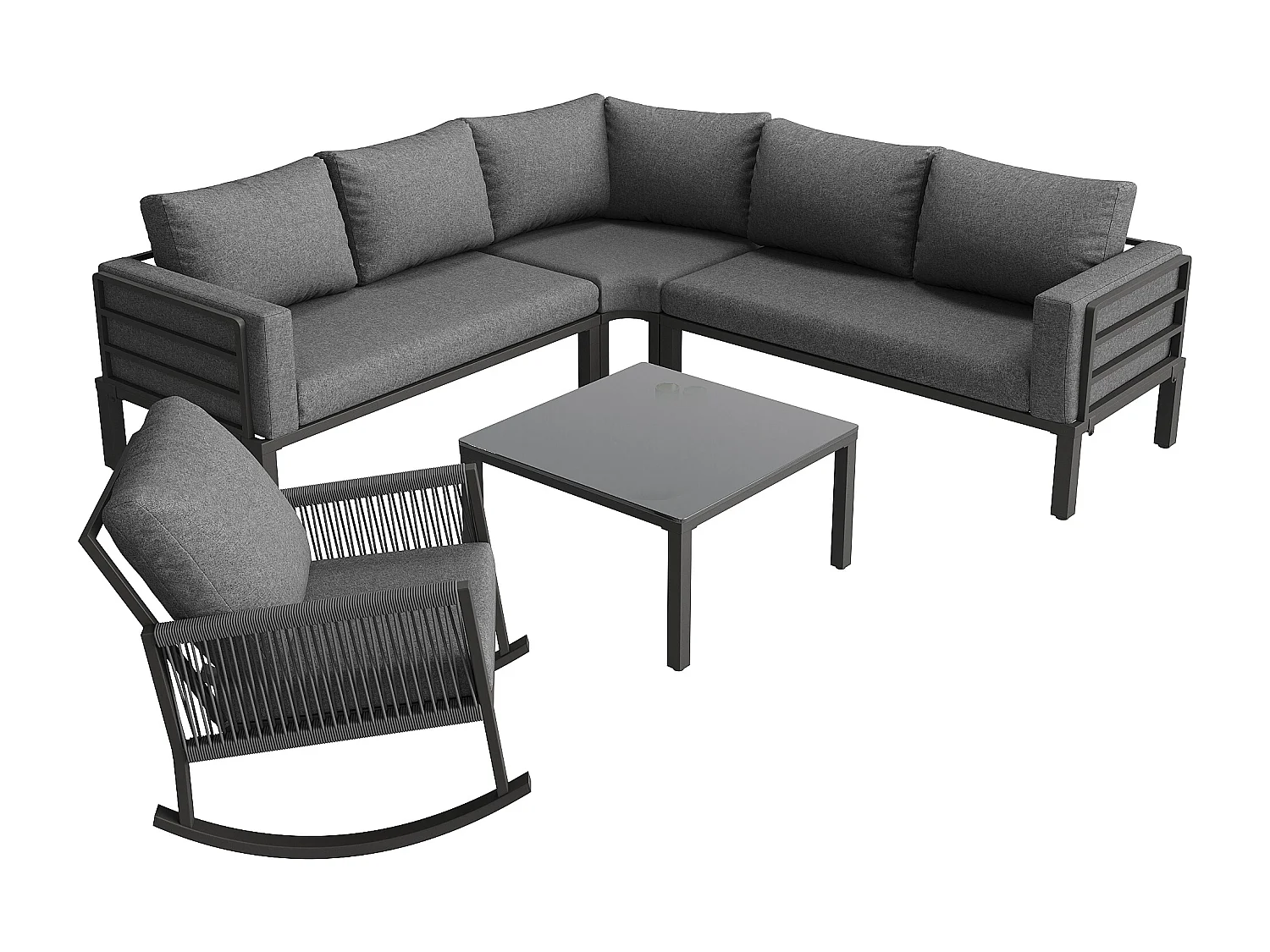 Conjunto modular de móveis de jardim para 5 pessoas - com 1 cadeira de balanço + sofá + mesa + almofadas - metal - cinza