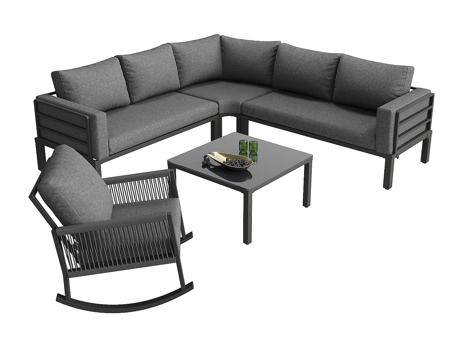Conjunto modular de móveis de jardim para 5 pessoas - com 1 cadeira de balanço + sofá + mesa + almofadas - metal - cinza