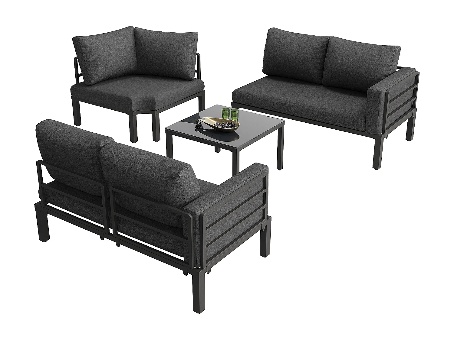 Conjunto modular de móveis de jardim para 5 pessoas - com 1 cadeira de balanço + sofá + mesa + almofadas - metal - cinza