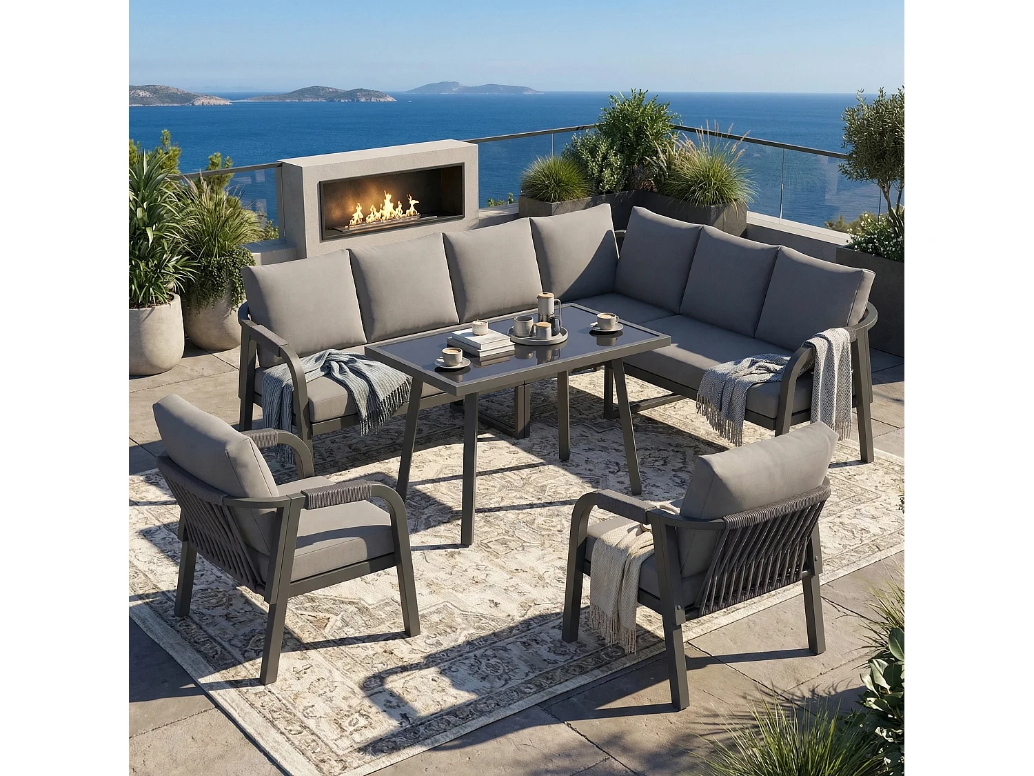 8-persoons tuinset - met geweven armleuningen en rugleuningen + bank + tafel + 2 fauteuils - metaal - grijs