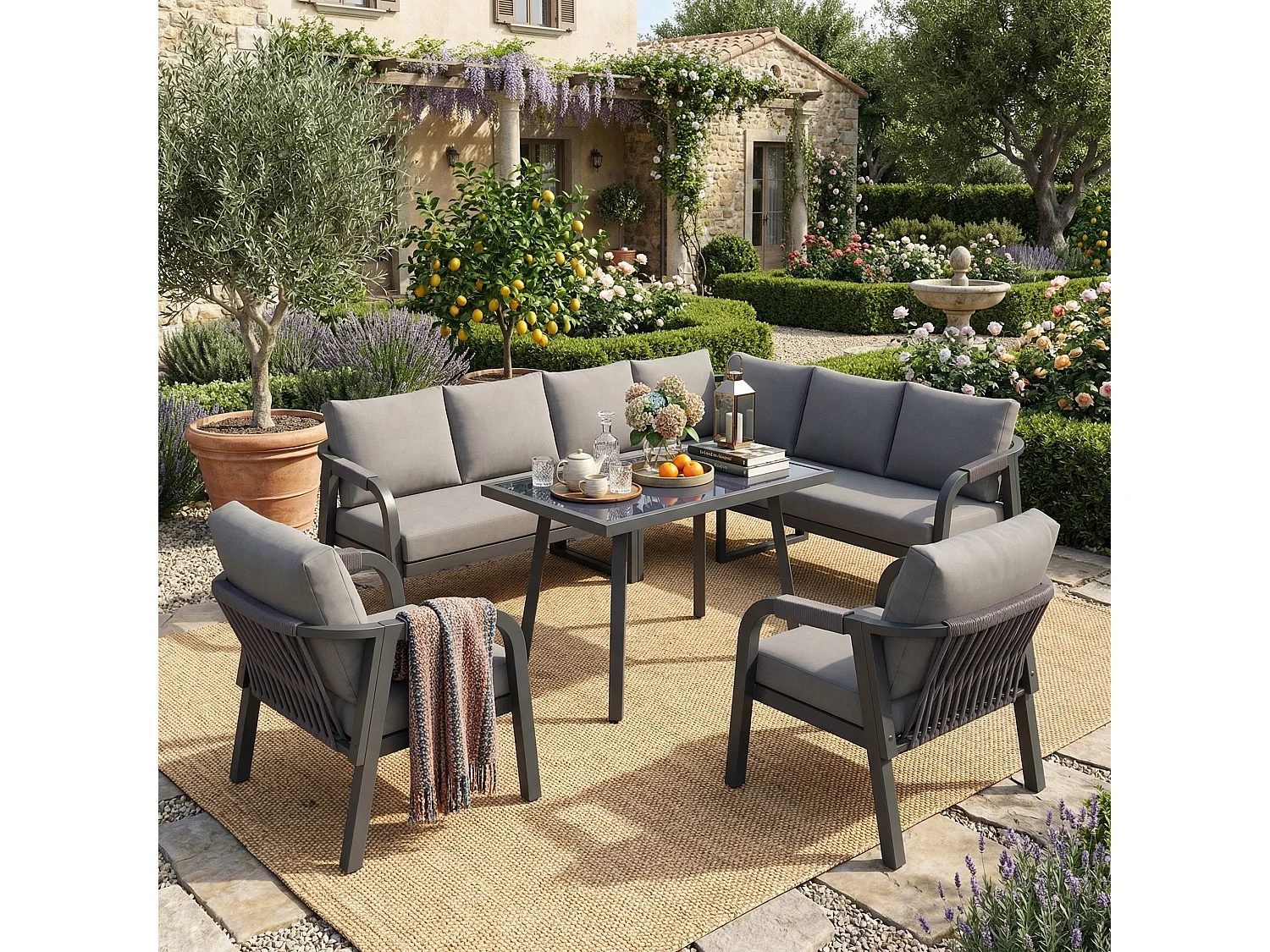 8-persoons tuinset - met geweven armleuningen en rugleuningen + bank + tafel + 2 fauteuils - metaal - grijs