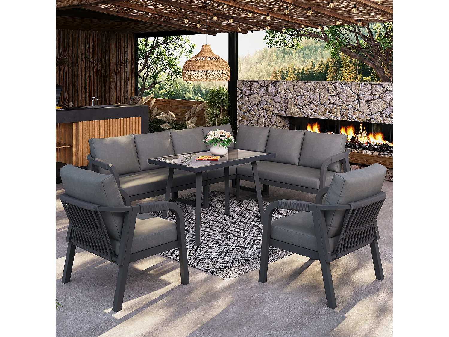 8-persoons tuinset - met geweven armleuningen en rugleuningen + bank + tafel + 2 fauteuils - metaal - grijs