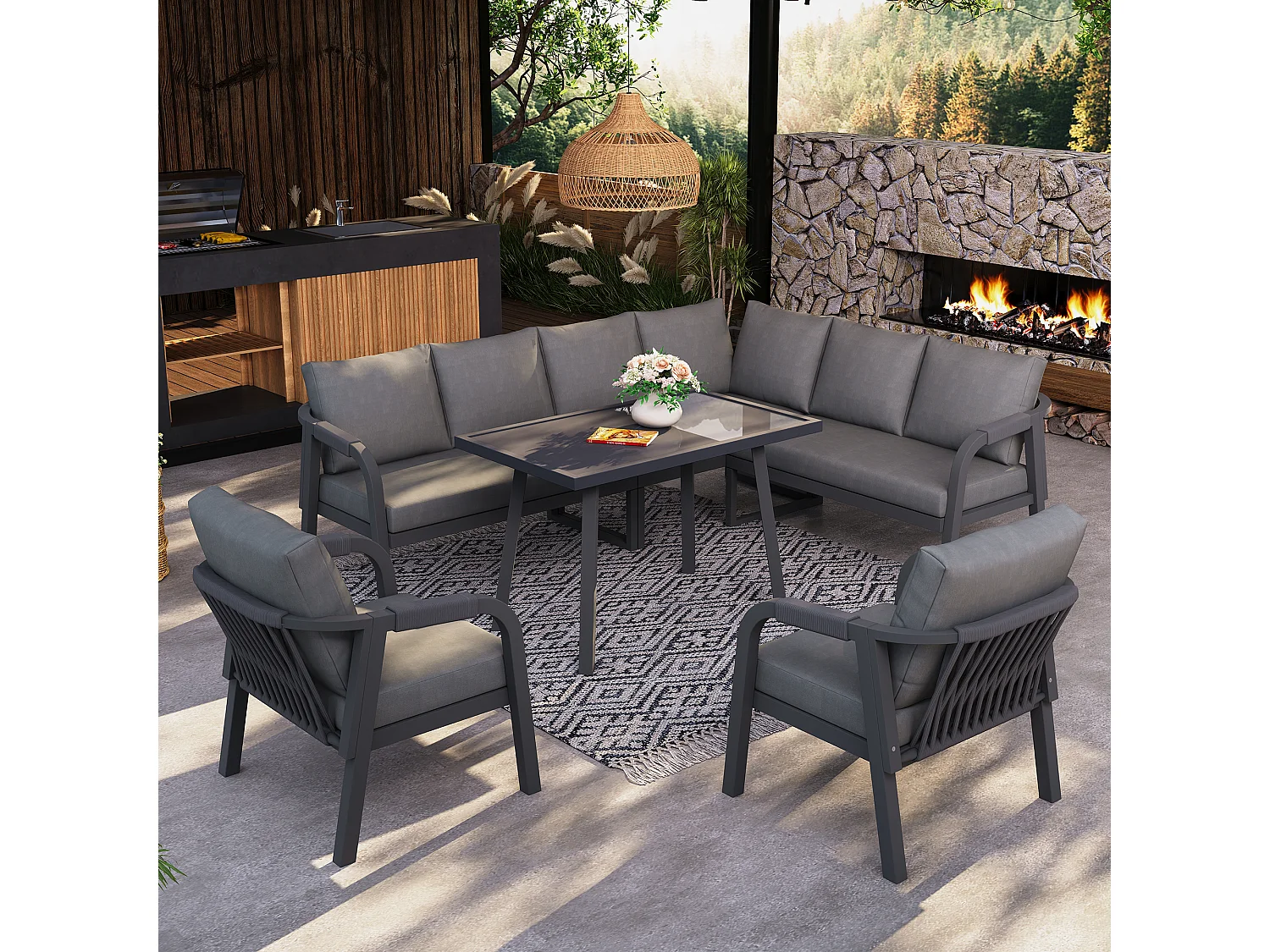 8-persoons tuinset - met geweven armleuningen en rugleuningen + bank + tafel + 2 fauteuils - metaal - grijs