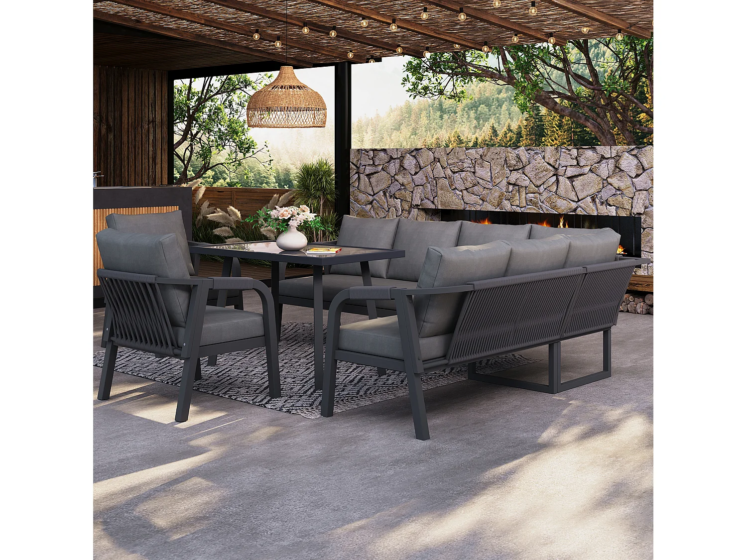 8-persoons tuinset - met geweven armleuningen en rugleuningen + bank + tafel + 2 fauteuils - metaal - grijs