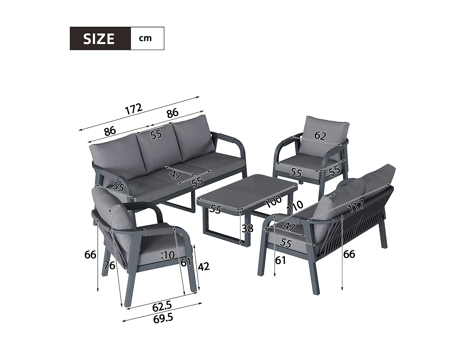 8-persoons tuinset - met geweven armleuningen en rugleuningen + bank + tafel + 2 fauteuils - metaal - grijs