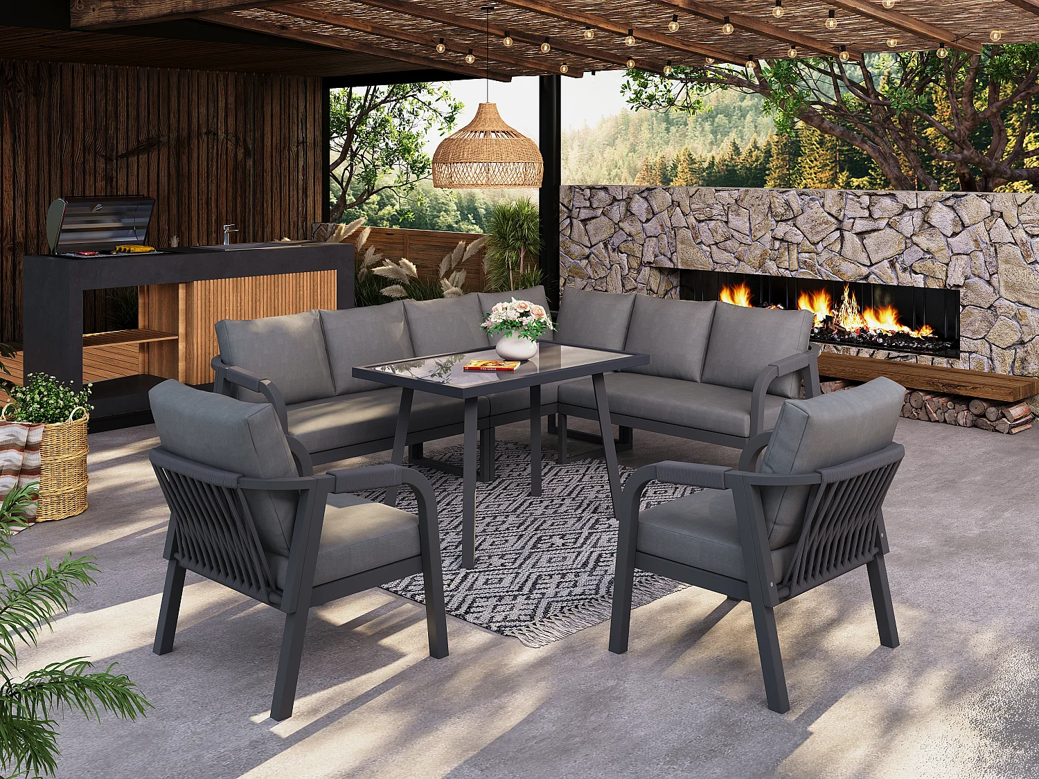 8-persoons tuinset - met geweven armleuningen en rugleuningen + bank + tafel + 2 fauteuils - metaal - grijs