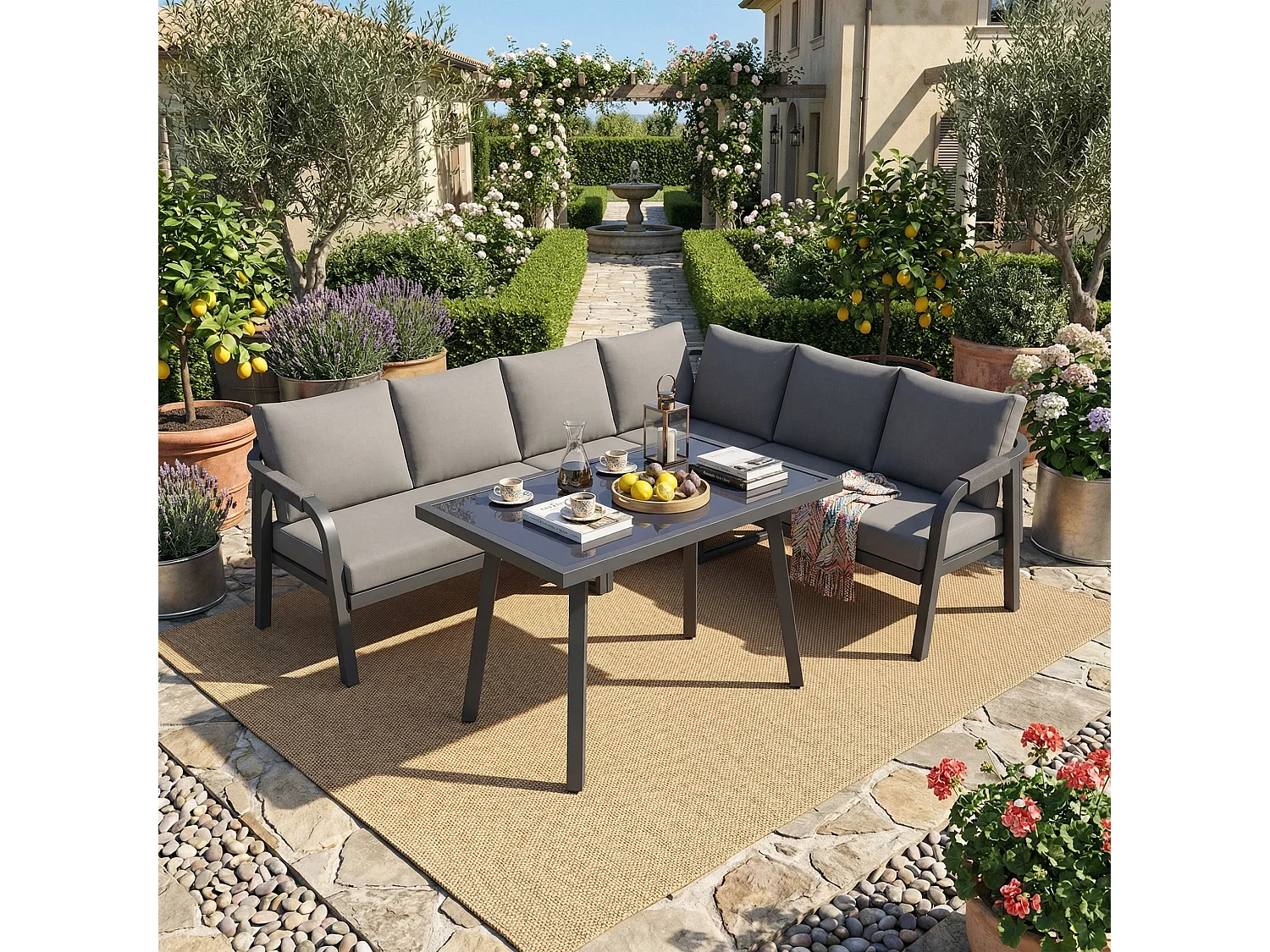 6-persoons tuinset - met geweven armleuningen en rugleuningen + hoekbank + tafel - metaal - grijs