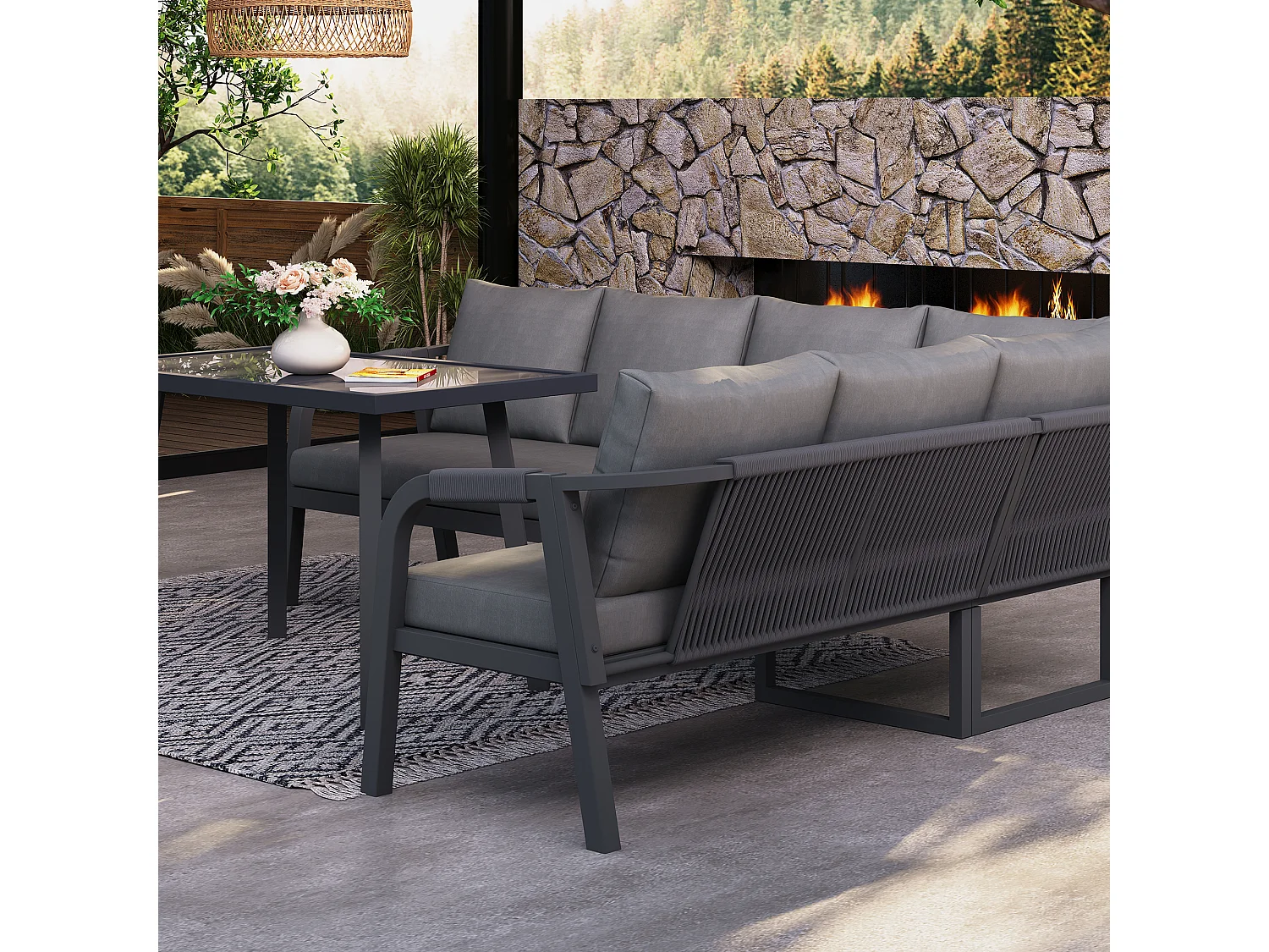 6-persoons tuinset - met geweven armleuningen en rugleuningen + hoekbank + tafel - metaal - grijs