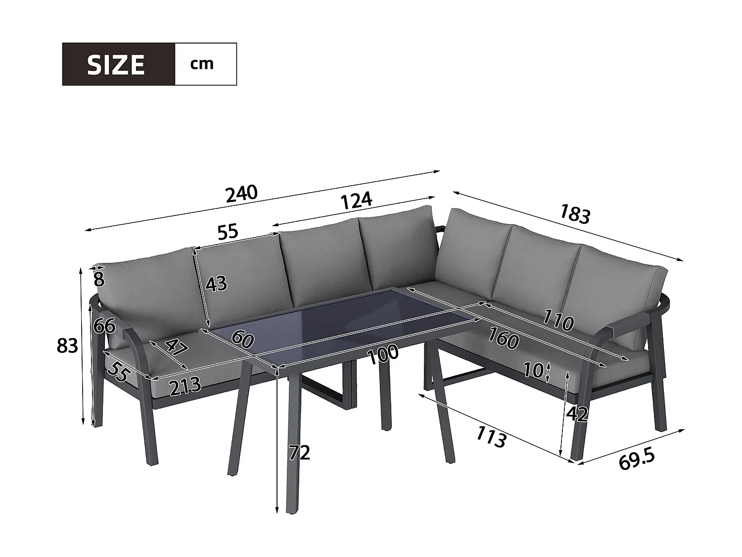 6-persoons tuinset - met geweven armleuningen en rugleuningen + hoekbank + tafel - metaal - grijs