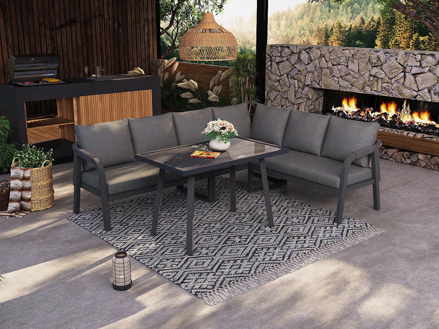 6-persoons tuinset - met geweven armleuningen en rugleuningen + hoekbank + tafel - metaal - grijs