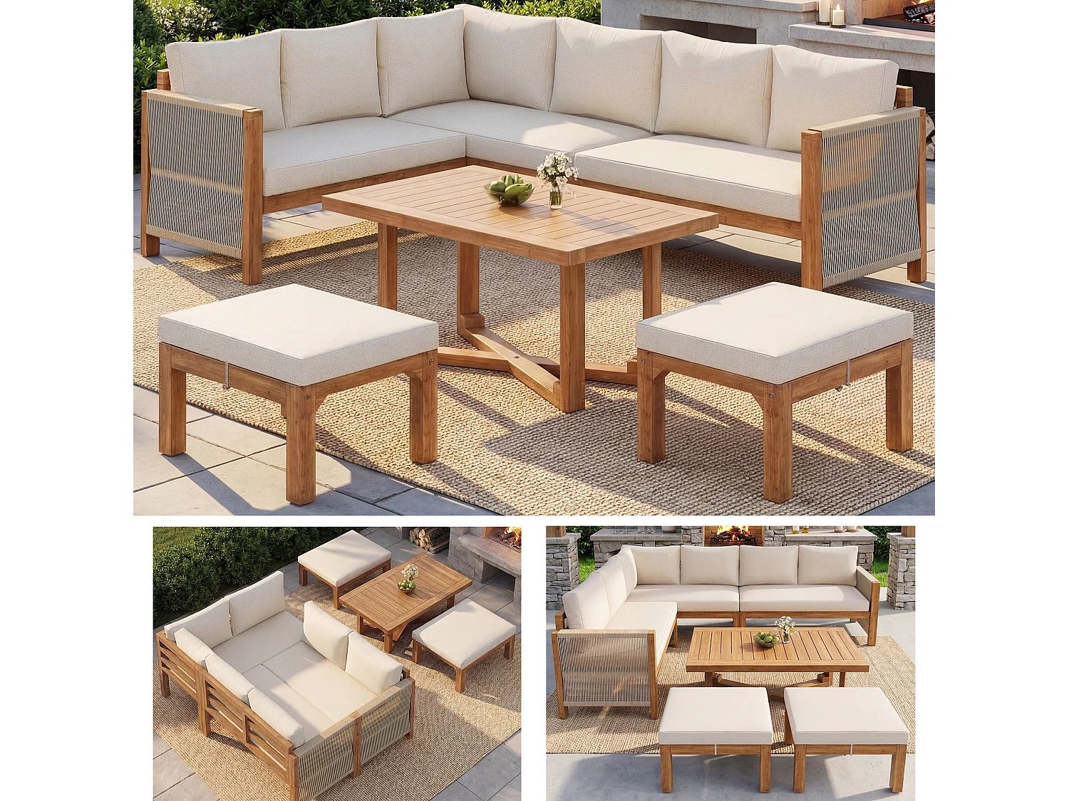 Set di mobili da giardino modulare a 6 posti - con divano + tavolo + cuscini + 2 sgabelli - legno di acacia - beige