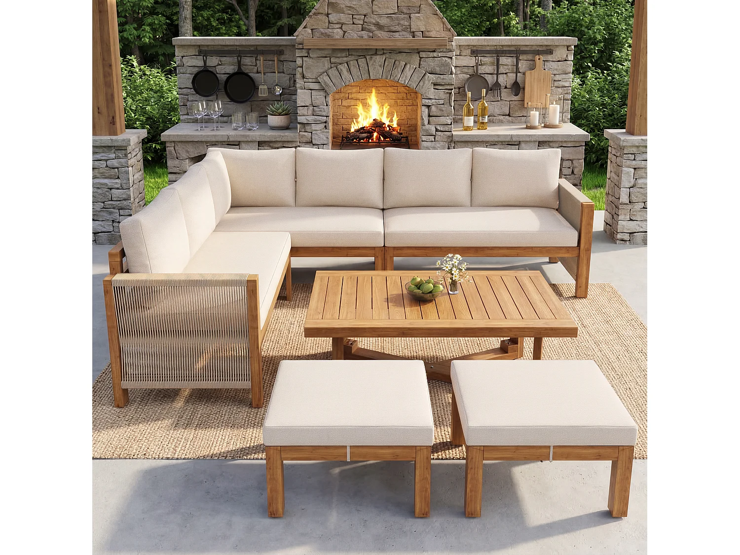 Set di mobili da giardino modulare a 6 posti - con divano + tavolo + cuscini + 2 sgabelli - legno di acacia - beige