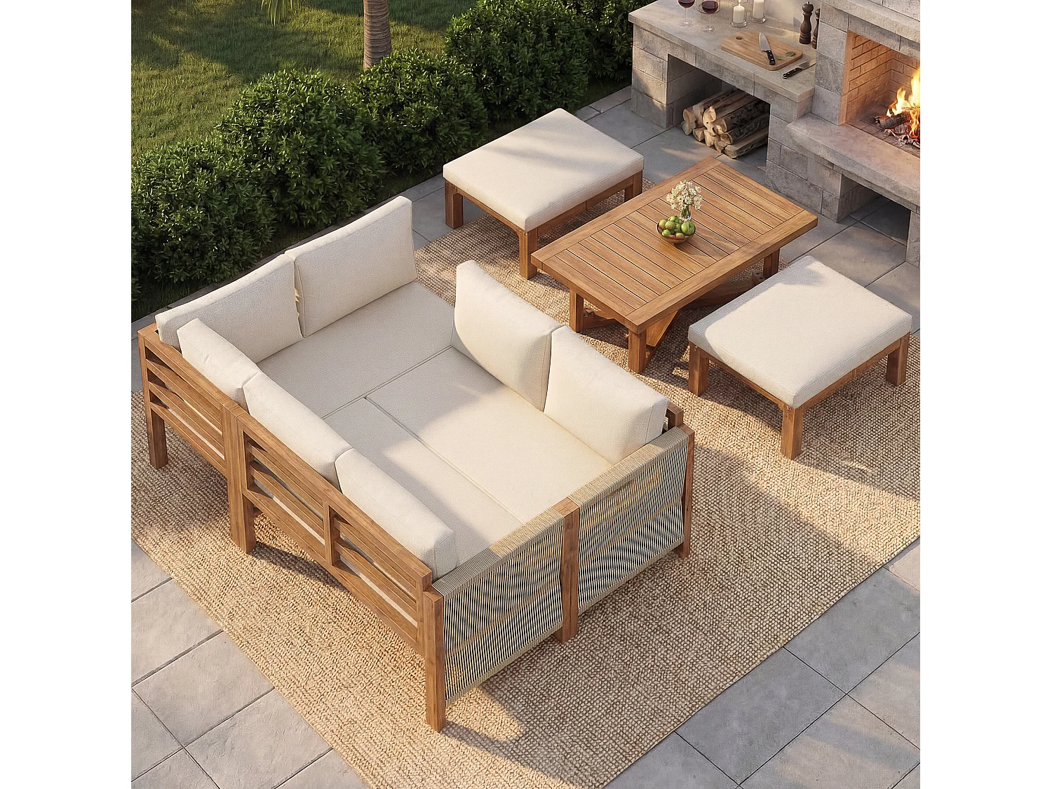 Set di mobili da giardino modulare a 6 posti - con divano + tavolo + cuscini + 2 sgabelli - legno di acacia - beige