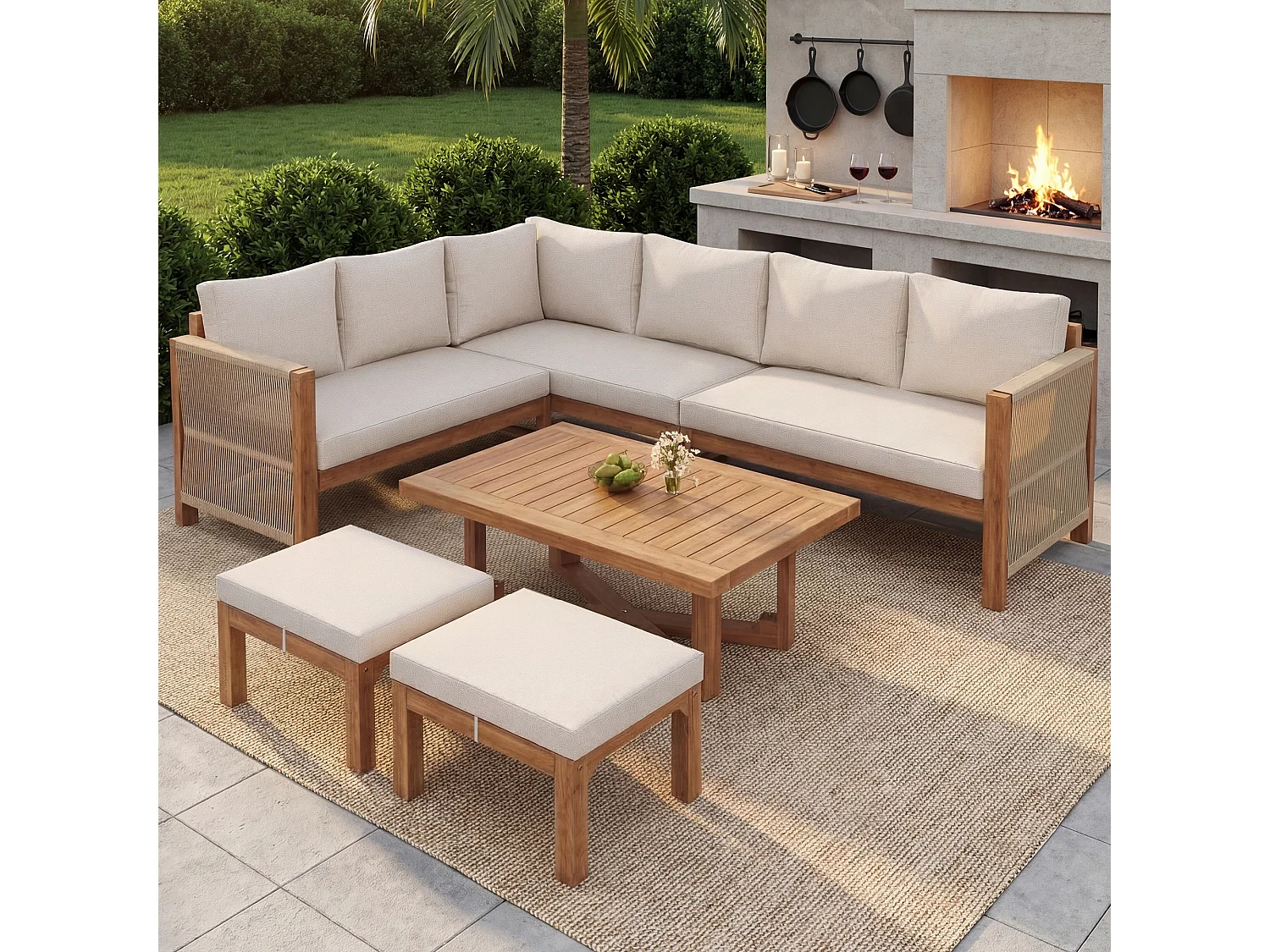 Set di mobili da giardino modulare a 6 posti - con divano + tavolo + cuscini + 2 sgabelli - legno di acacia - beige