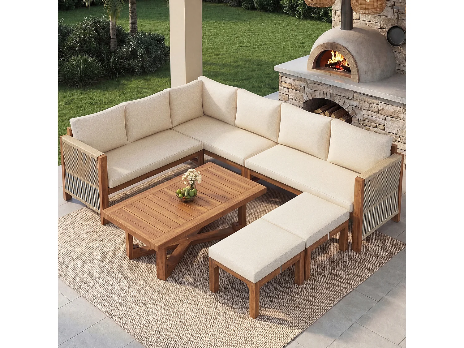 Set di mobili da giardino modulare a 6 posti - con divano + tavolo + cuscini + 2 sgabelli - legno di acacia - beige