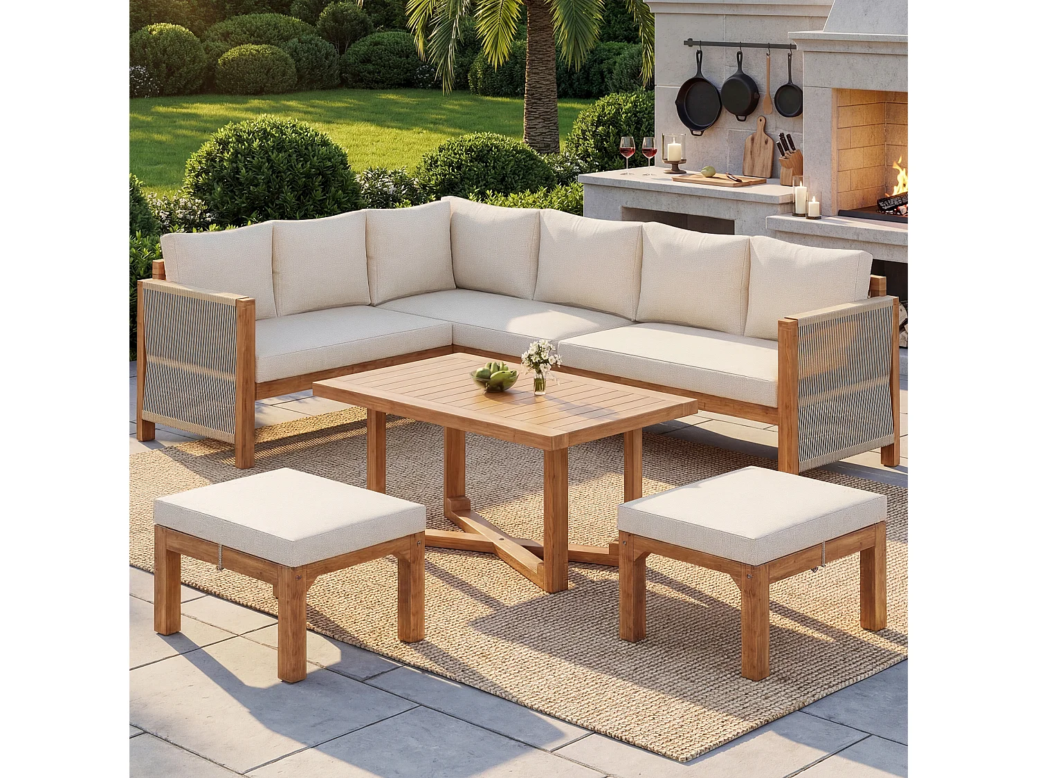 Set di mobili da giardino modulare a 6 posti - con divano + tavolo + cuscini + 2 sgabelli - legno di acacia - beige