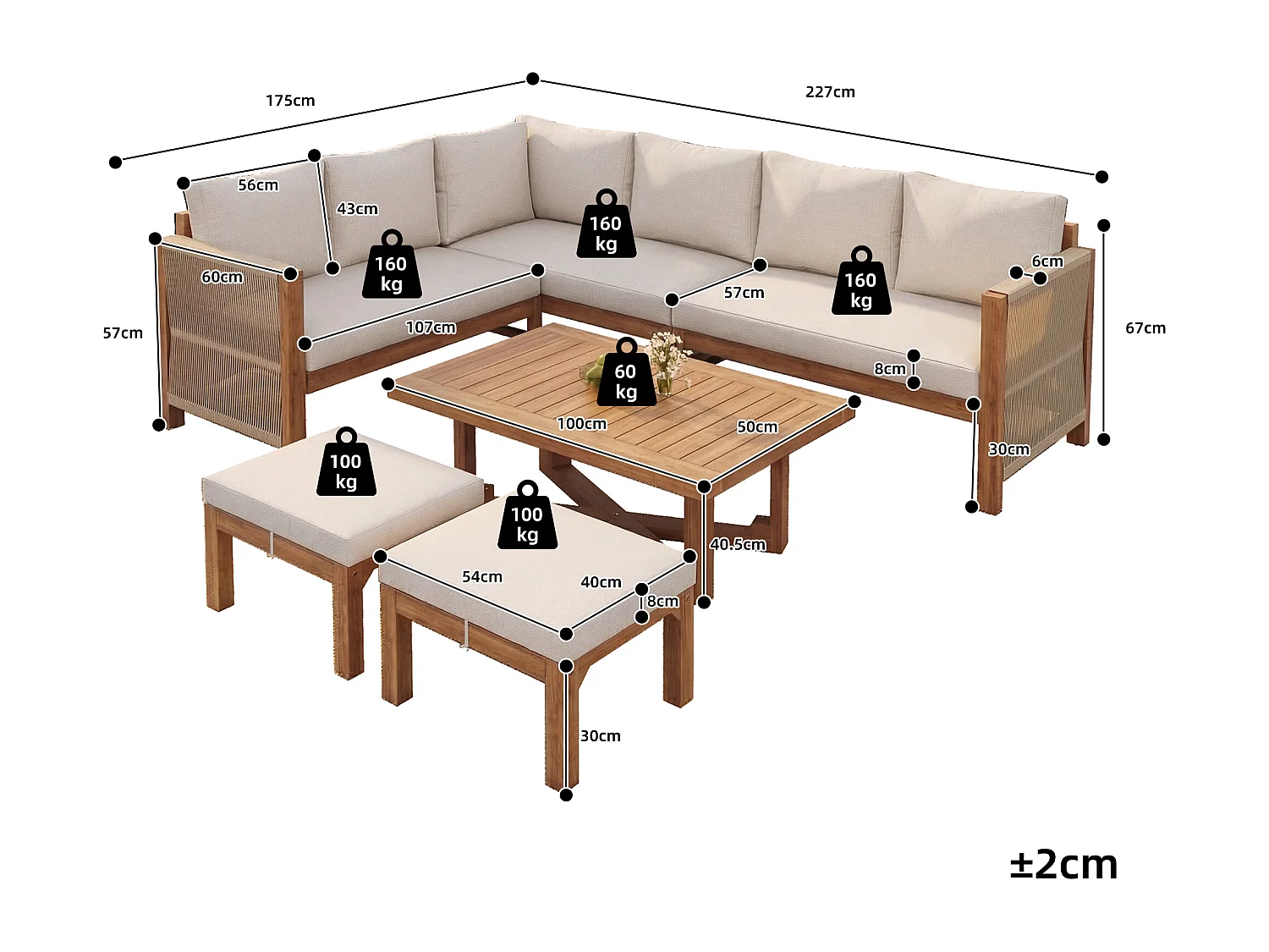Set di mobili da giardino modulare a 6 posti - con divano + tavolo + cuscini + 2 sgabelli - legno di acacia - beige