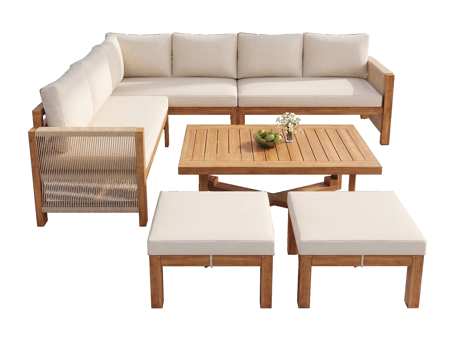 Set di mobili da giardino modulare a 6 posti - con divano + tavolo + cuscini + 2 sgabelli - legno di acacia - beige