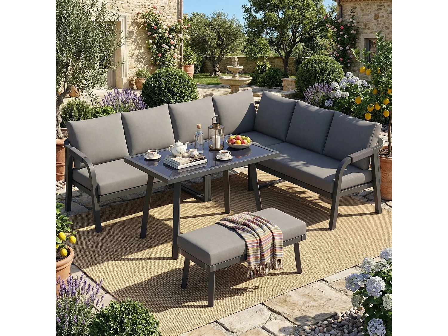 8-persoons tuinset - met geweven armleuningen en rugleuningen + hoekbank + tafel + zitbank - metaal - grijs