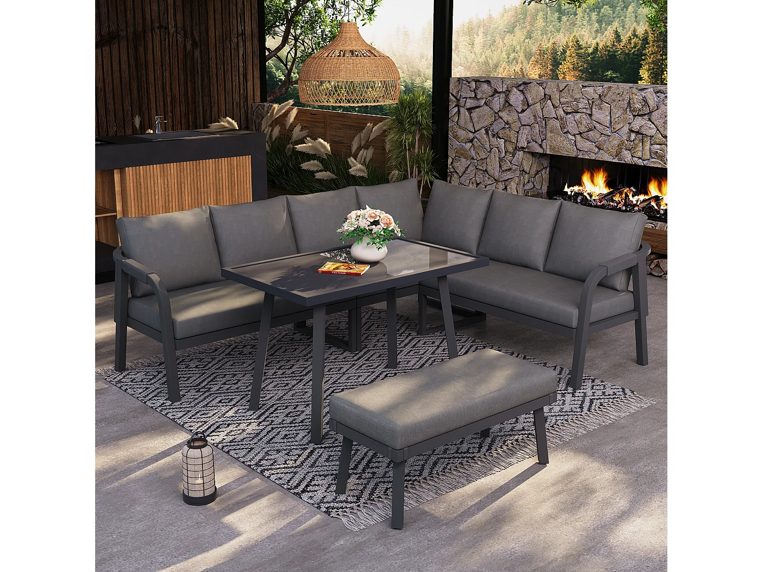 8-persoons tuinset - met geweven armleuningen en rugleuningen + hoekbank + tafel + zitbank - metaal - grijs