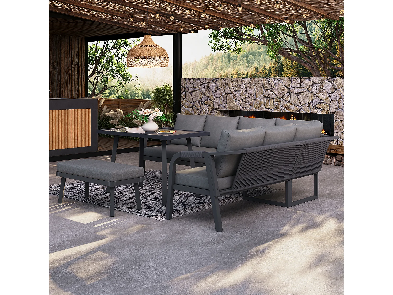 8-persoons tuinset - met geweven armleuningen en rugleuningen + hoekbank + tafel + zitbank - metaal - grijs