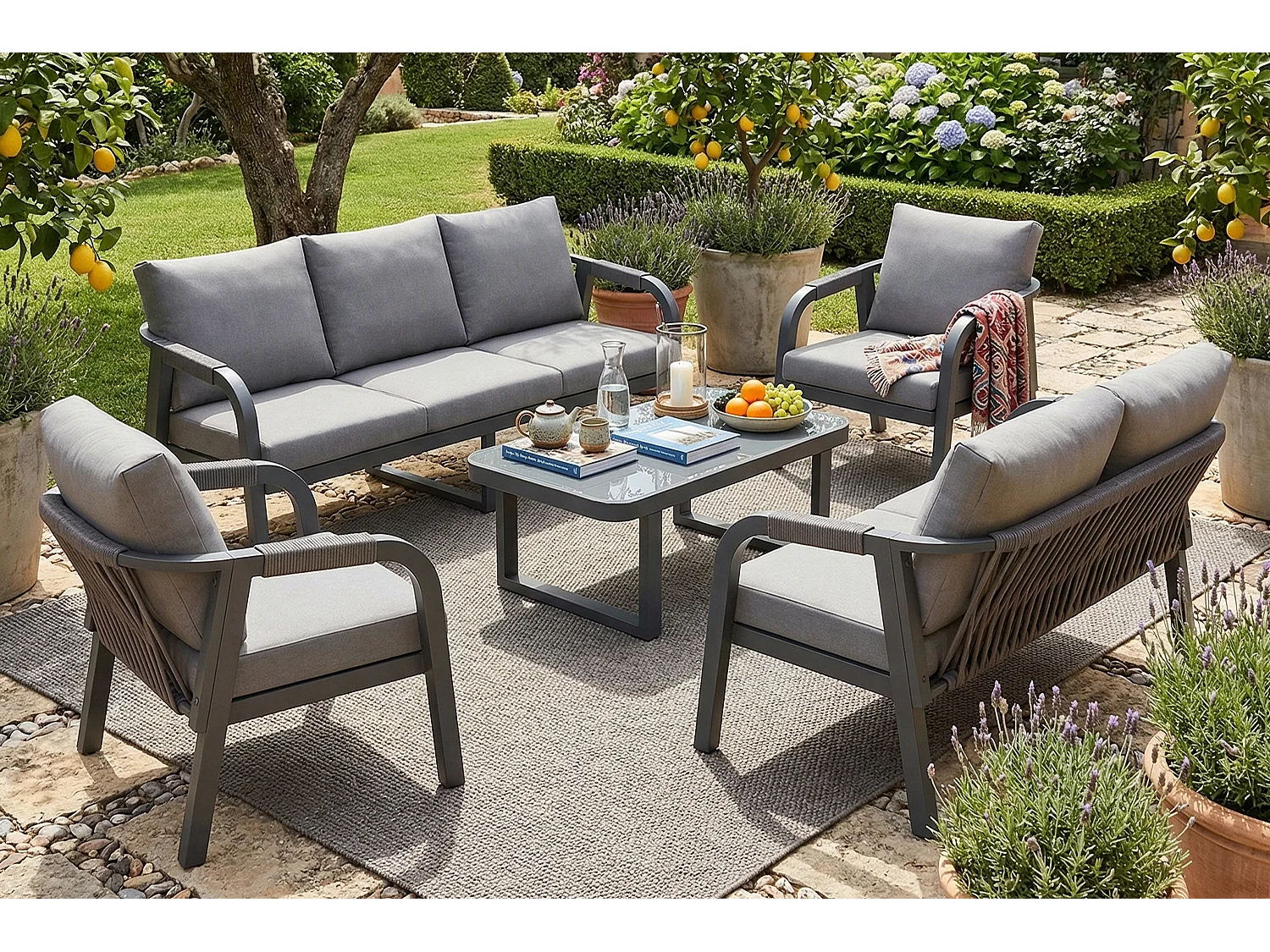 Conjunto de móveis de jardim para 7 pessoas - em corda trançada - com 2 sofás + mesa + 2 poltronas - metal - cinza