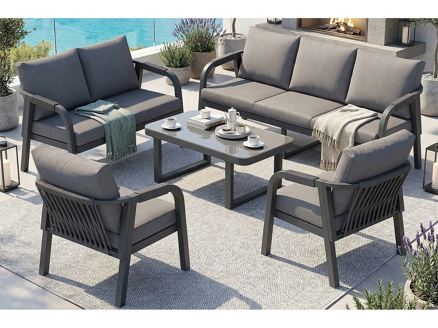 Conjunto de móveis de jardim para 7 pessoas - em corda trançada - com 2 sofás + mesa + 2 poltronas - metal - cinza