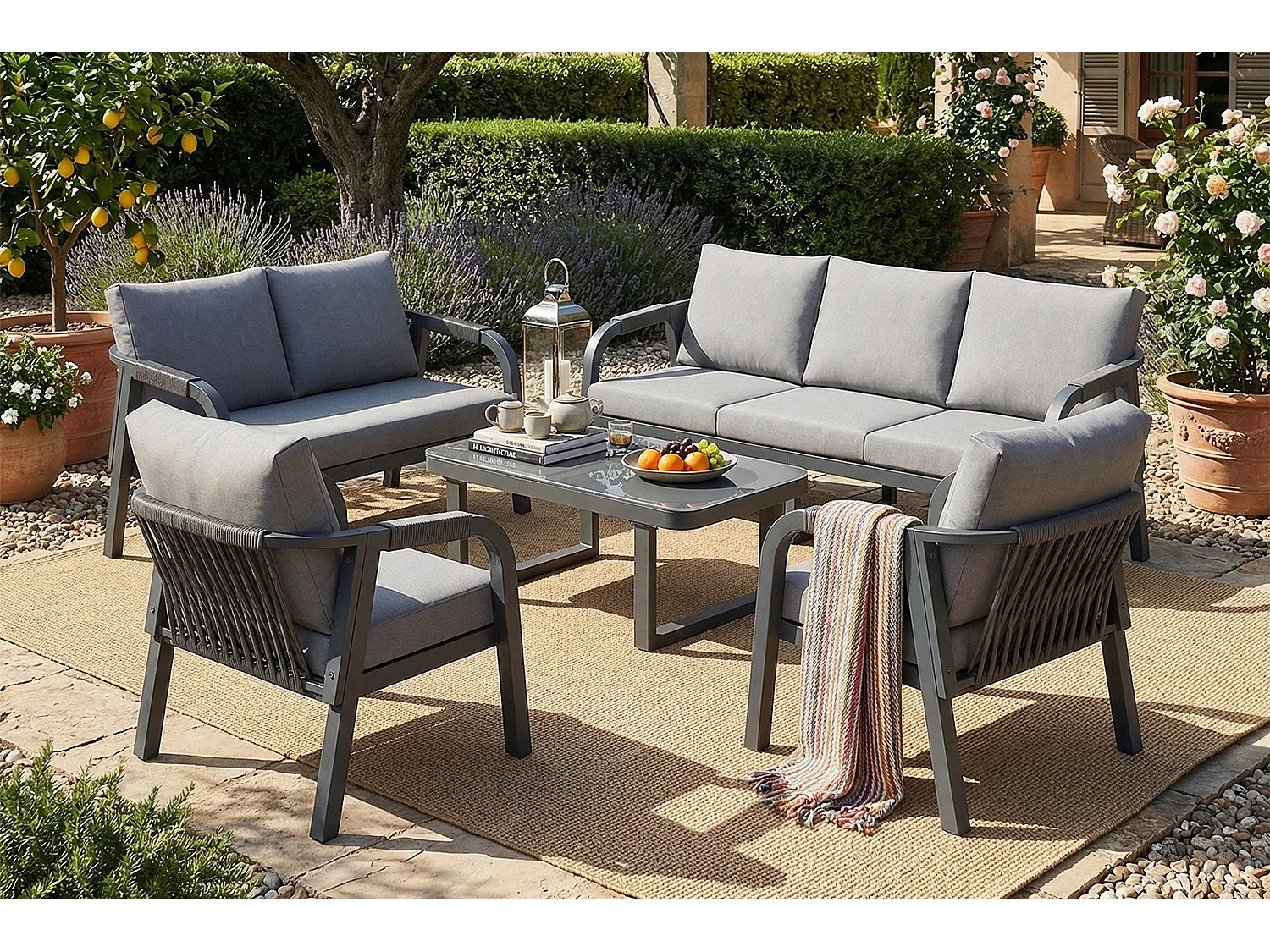 Conjunto de móveis de jardim para 7 pessoas - em corda trançada - com 2 sofás + mesa + 2 poltronas - metal - cinza