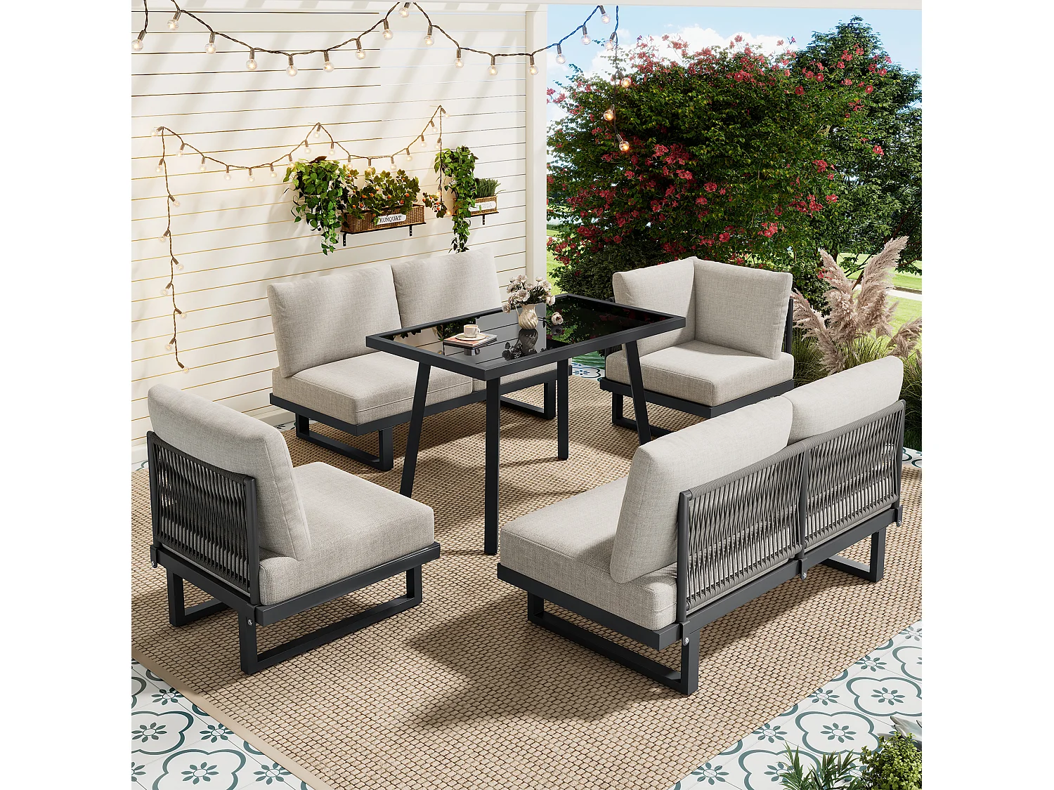 Zestaw mebli ogrodowych modułowych 5-osobowy - narożnik + stolik + poduszki - metal - szaro-beżowy