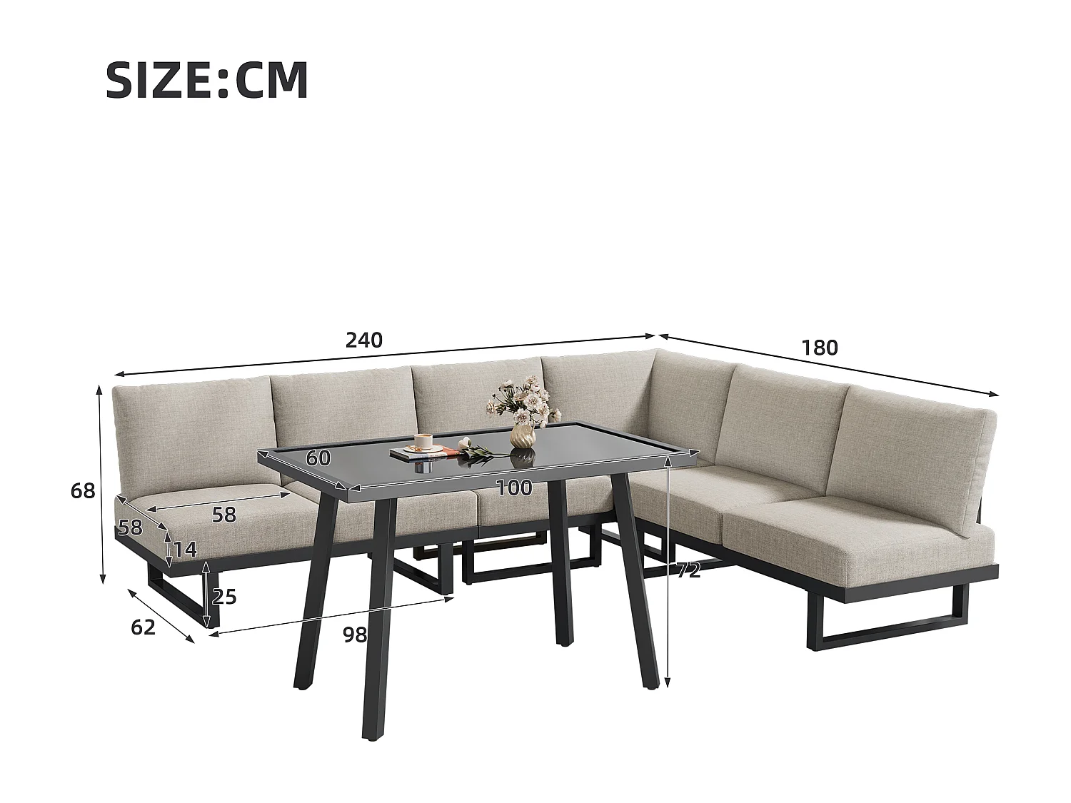 Zestaw mebli ogrodowych modułowych 5-osobowy - narożnik + stolik + poduszki - metal - szaro-beżowy