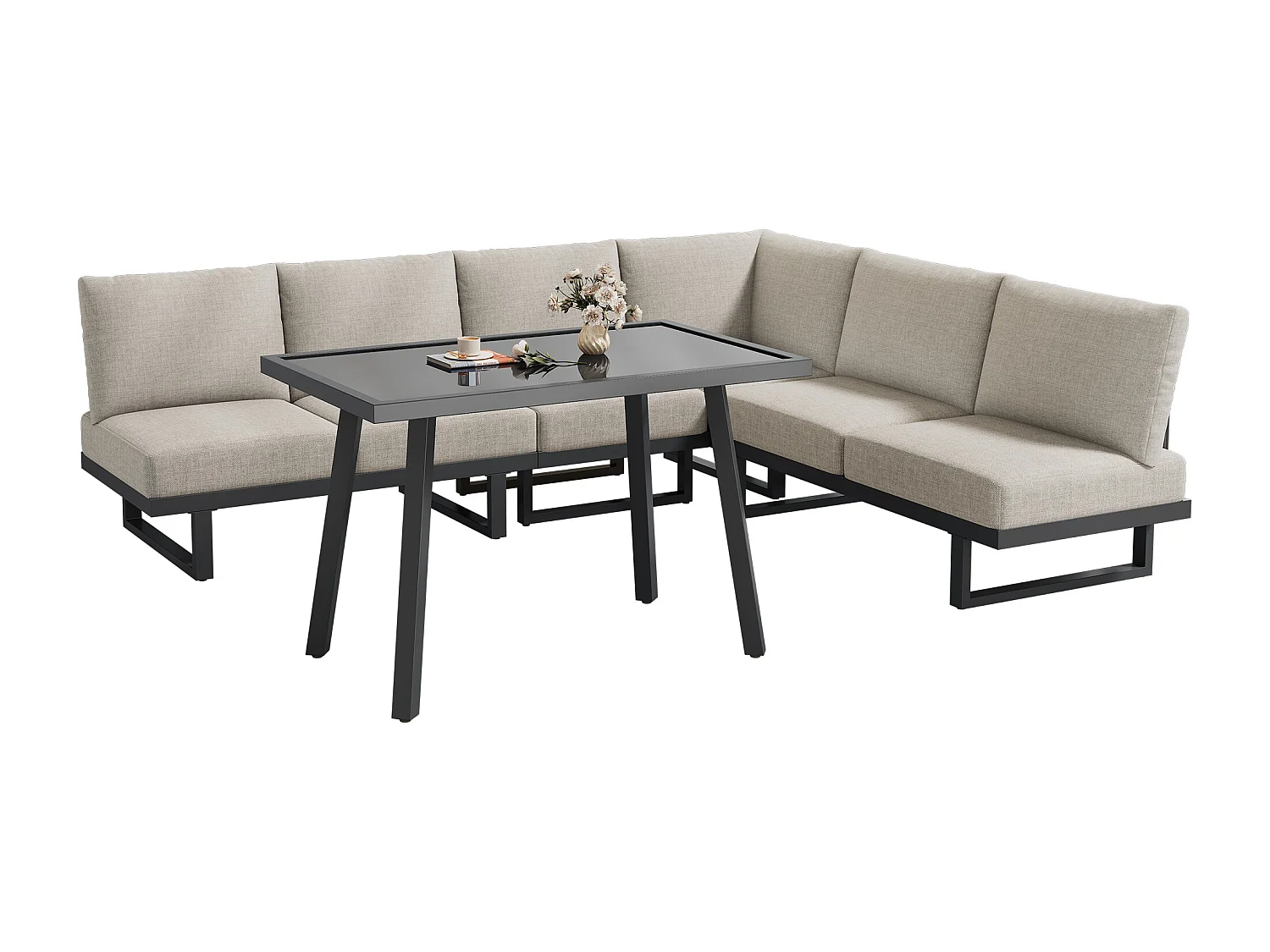 Zestaw mebli ogrodowych modułowych 5-osobowy - narożnik + stolik + poduszki - metal - szaro-beżowy