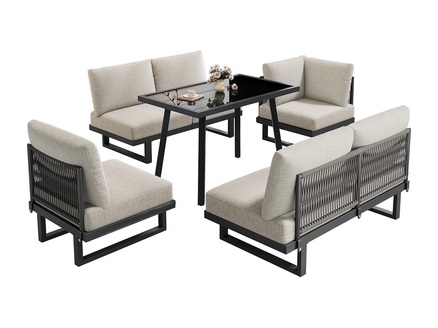 Zestaw mebli ogrodowych modułowych 5-osobowy - narożnik + stolik + poduszki - metal - szaro-beżowy