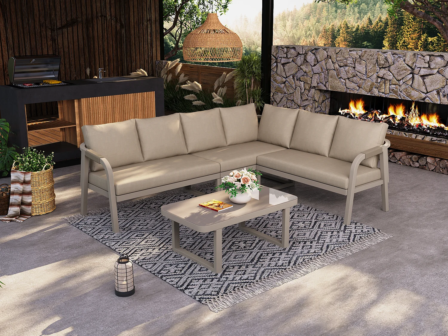 Conjunto de móveis de jardim para 6 pessoas - com apoios de braço e encostos trançados + sofá de canto + mesa - metal - bege