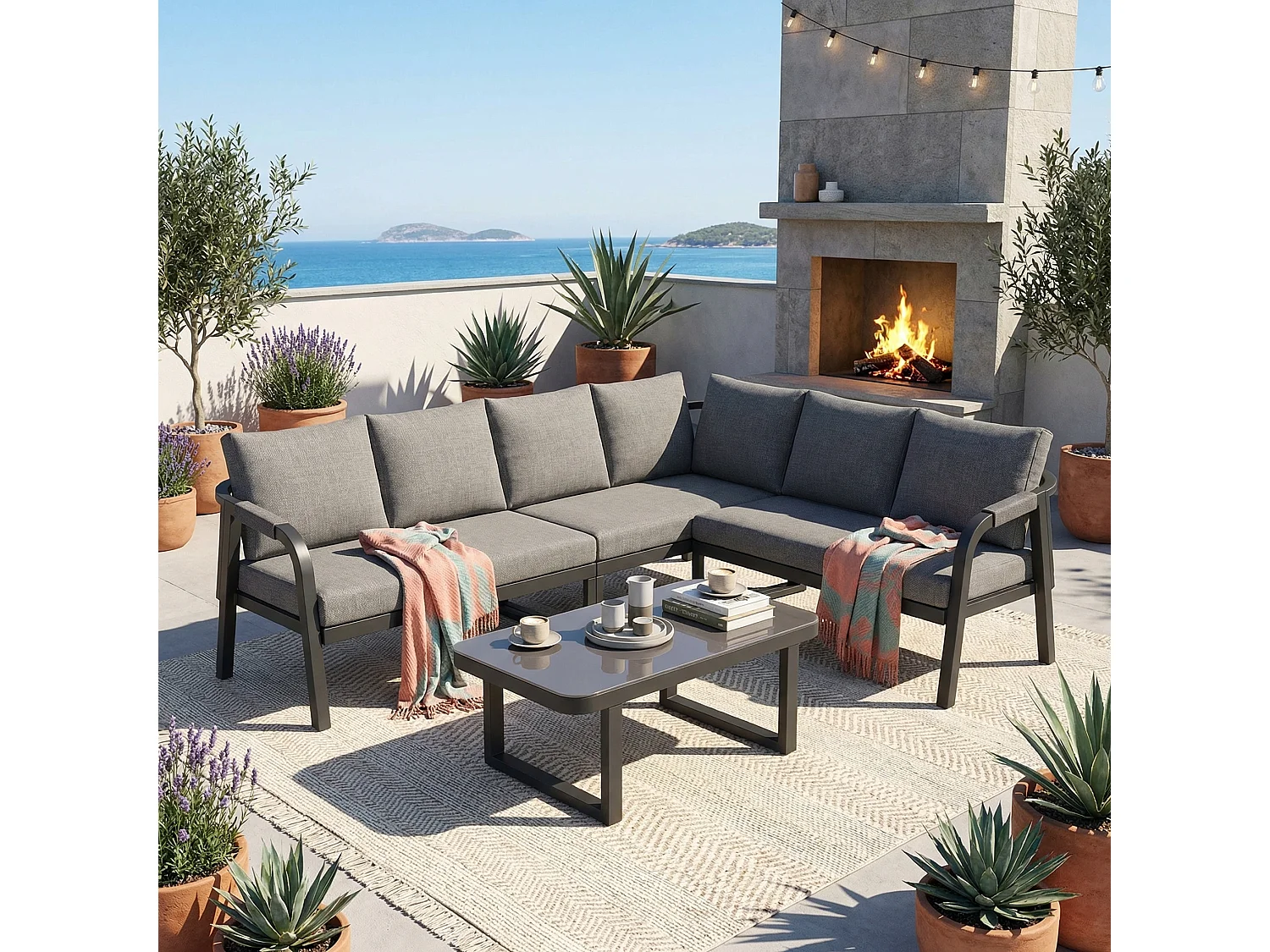 Conjunto de móveis de jardim para 6 pessoas - com apoios de braço e encostos trançados + sofá de canto + mesa - metal - cinza