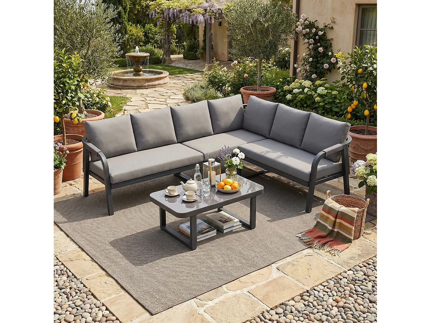 Conjunto de móveis de jardim para 6 pessoas - com apoios de braço e encostos trançados + sofá de canto + mesa - metal - cinza