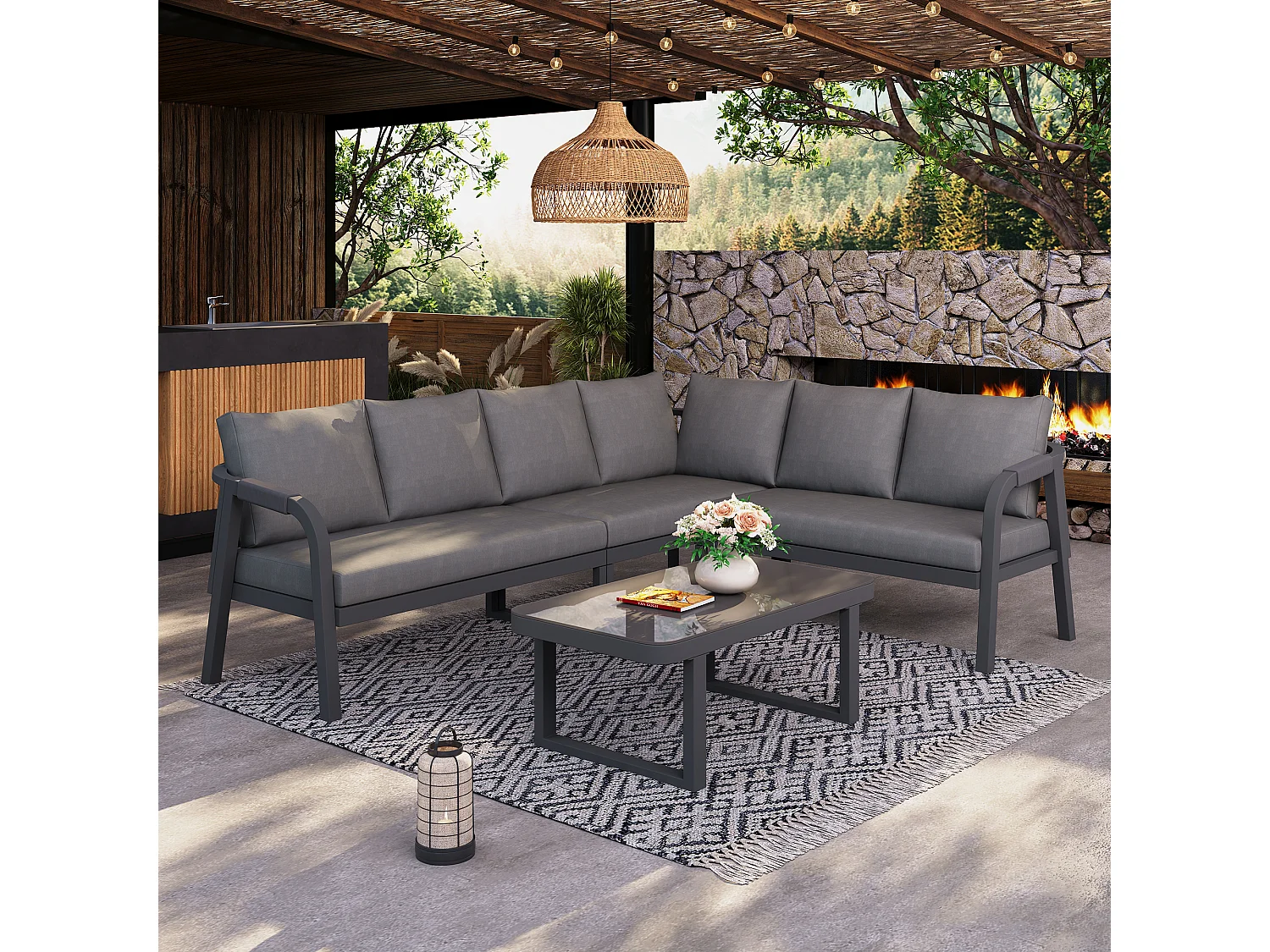 Conjunto de móveis de jardim para 6 pessoas - com apoios de braço e encostos trançados + sofá de canto + mesa - metal - cinza